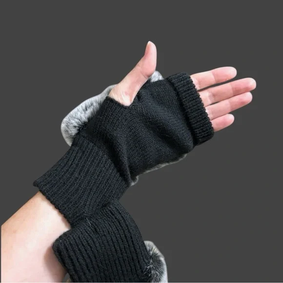 Jocelyn Women’s Black & White Fur Knit Fingerless Gloves Sz OS - Picture 6 of 13